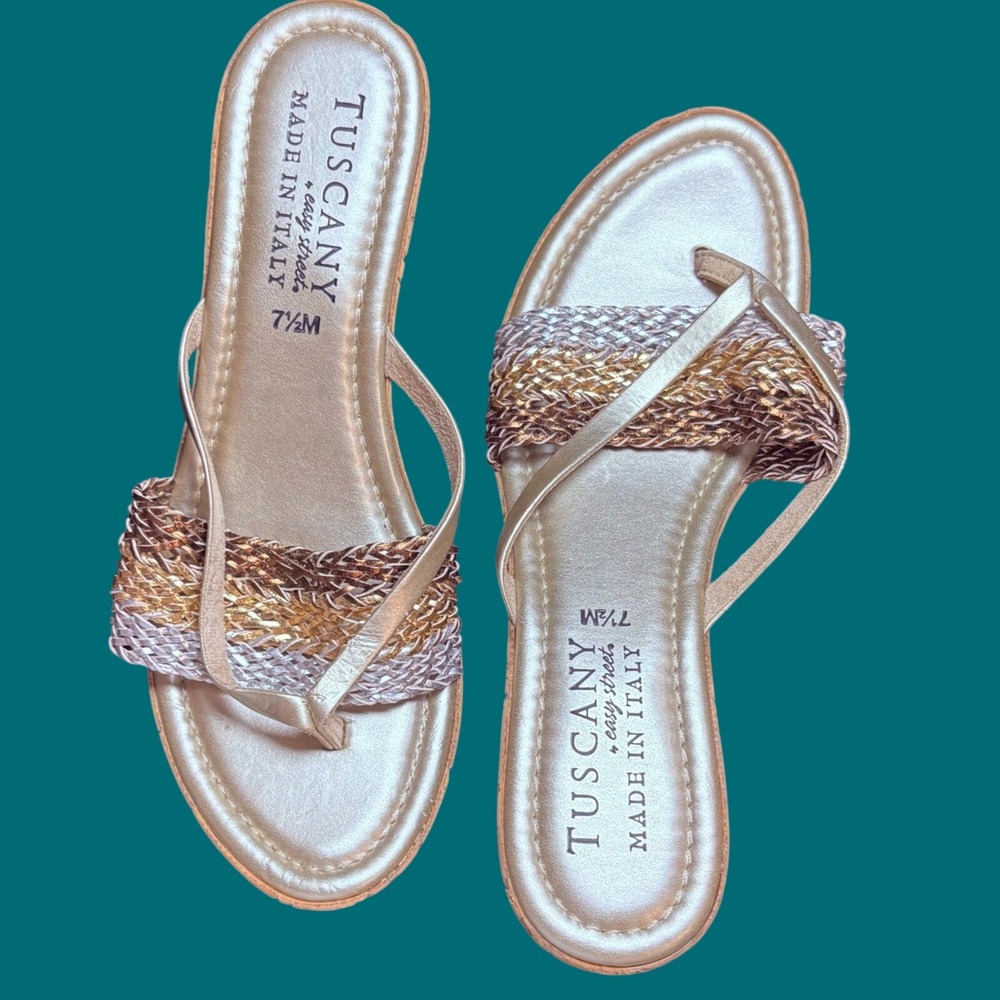 Tuscany by Easy Street Womens Metallic‎ Braided Wedge Sandals Gold Silver 7.5M